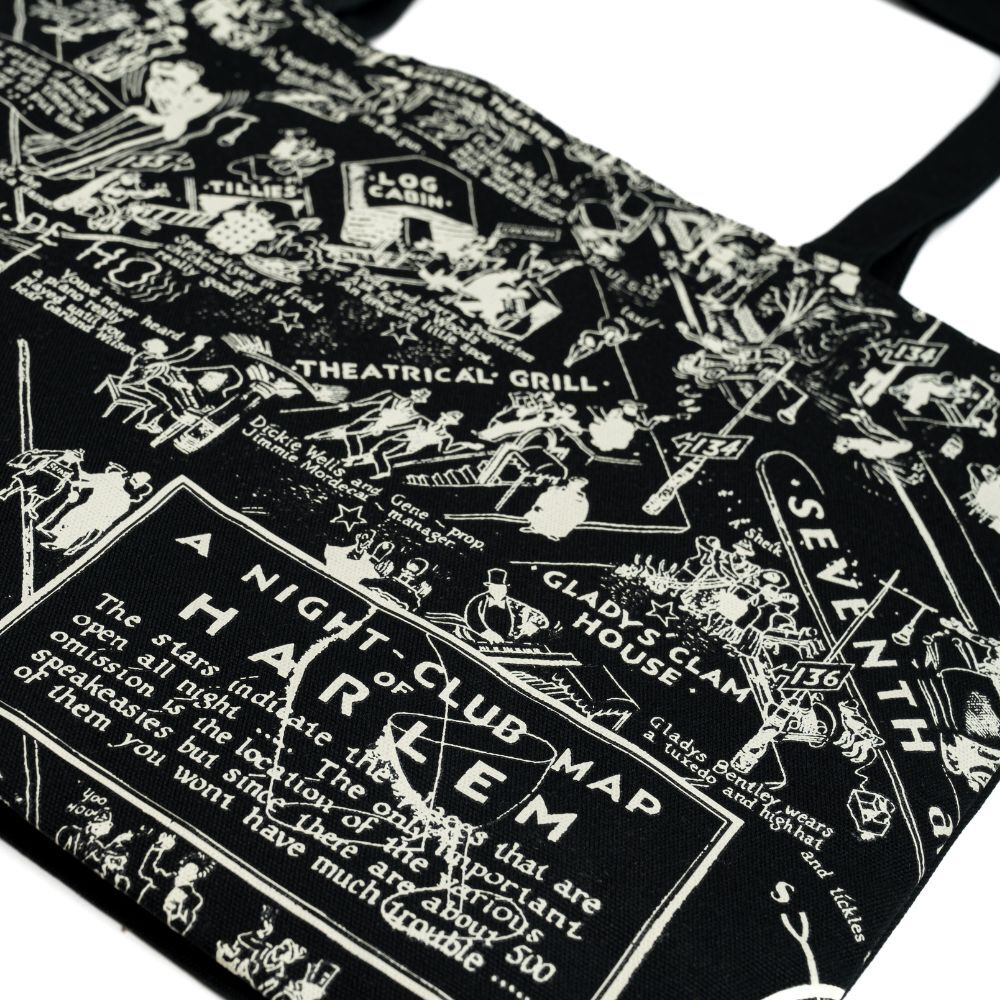 Black tote bag with the illustration of the Nightclub map by E. Simms Campbell in 1932 and portraying the after-dark world of the speakeasies, nightclubs, secret lounges and the vibrant entertainers who were the shining lights during the Harlem Renaissance. 