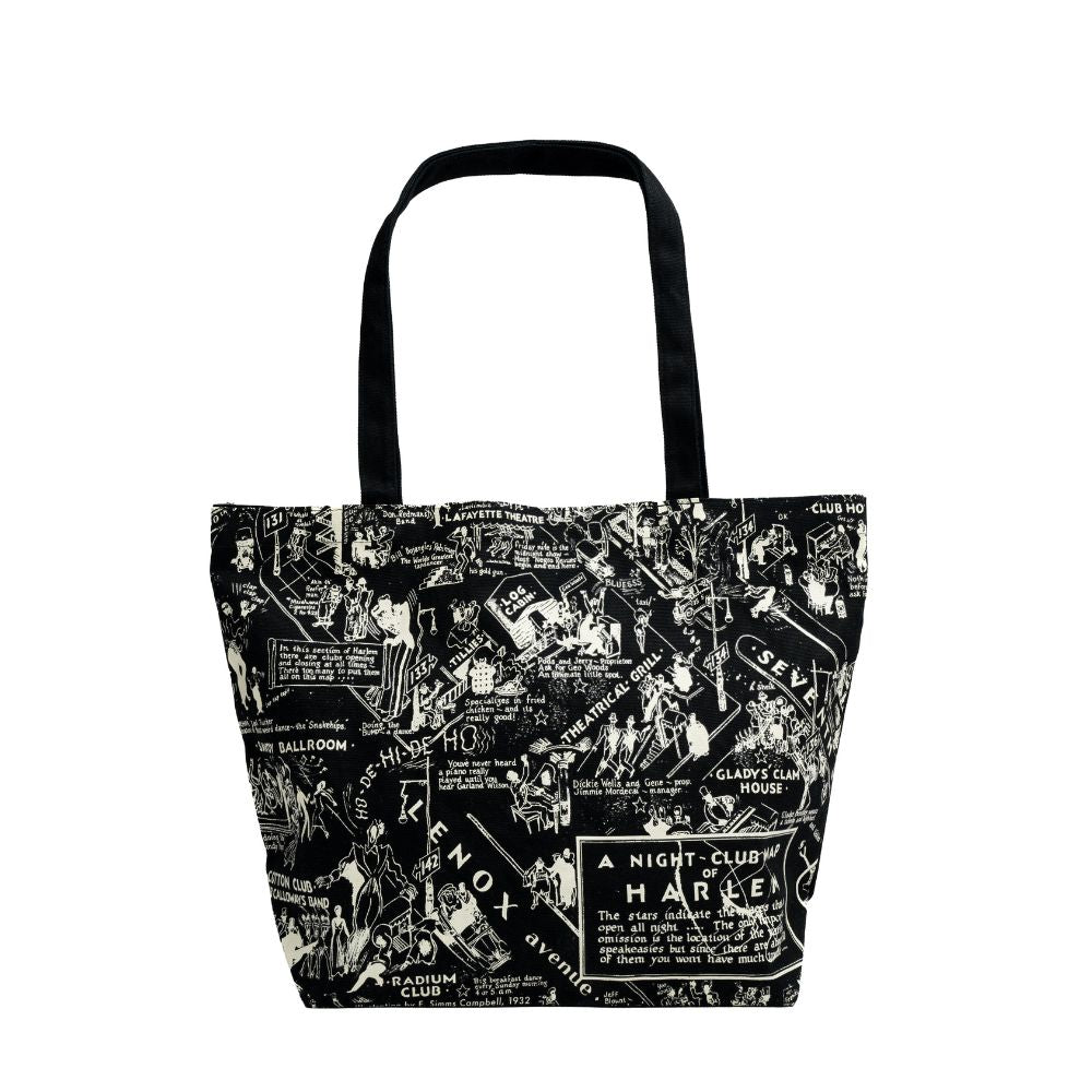 Black tote bag with the illustration of the Nightclub map by E. Simms Campbell in 1932 and portraying the after-dark world of the speakeasies, nightclubs, secret lounges and the vibrant entertainers who were the shining lights during the Harlem Renaissance. 