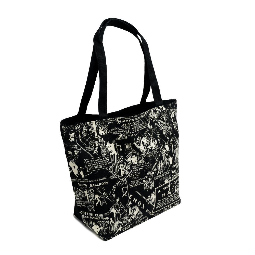 Black tote bag with the illustration of the Nightclub map by E. Simms Campbell in 1932 and portraying the after-dark world of the speakeasies, nightclubs, secret lounges and the vibrant entertainers who were the shining lights during the Harlem Renaissance. 