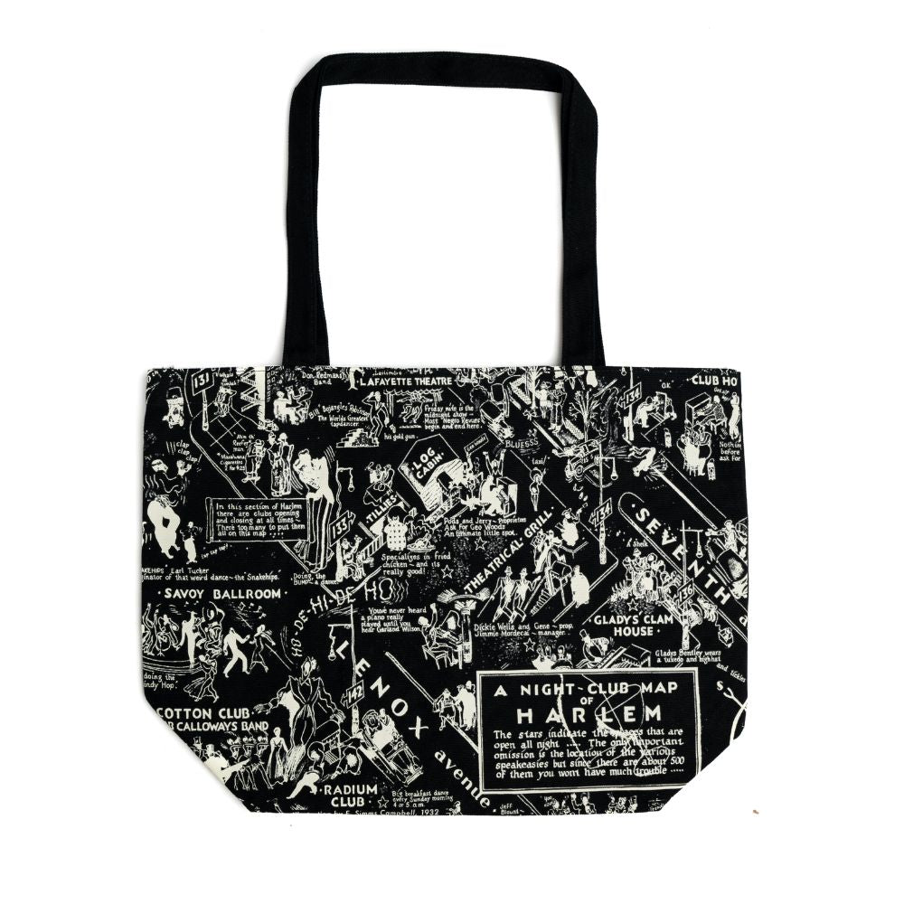 Black tote bag with the illustration of the Nightclub map by E. Simms Campbell in 1932 and portraying the after-dark world of the speakeasies, nightclubs, secret lounges and the vibrant entertainers who were the shining lights during the Harlem Renaissance. 