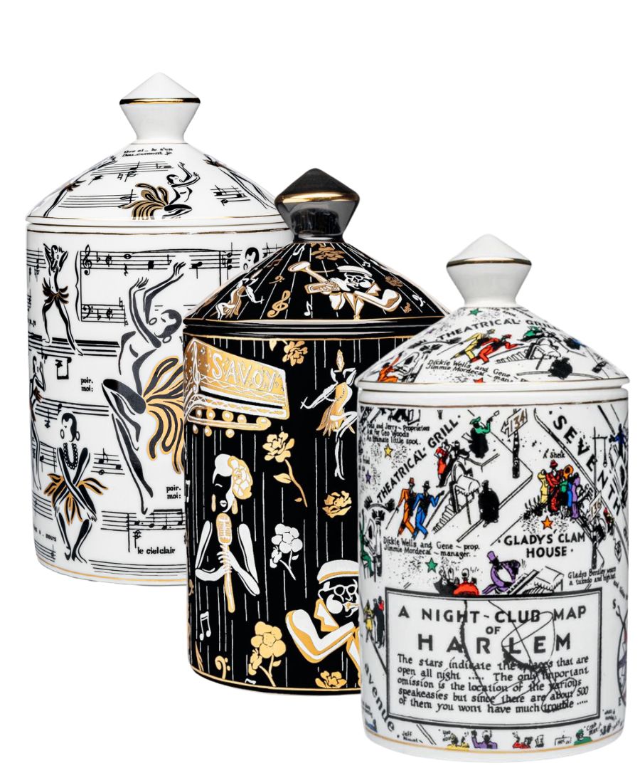 This is an image of our Deux Amours, Duke and Langston Nightclub Map of Harlem Ceramic Gold Candles.