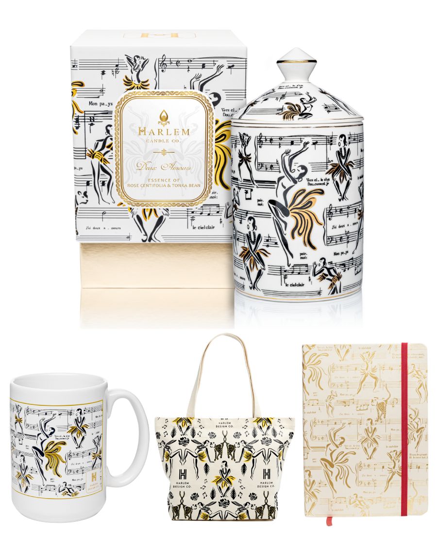 This is an image of our Deux Amour Ceramic candle next to its box along with the Josephine mug, tote bag and journal all on a white background.