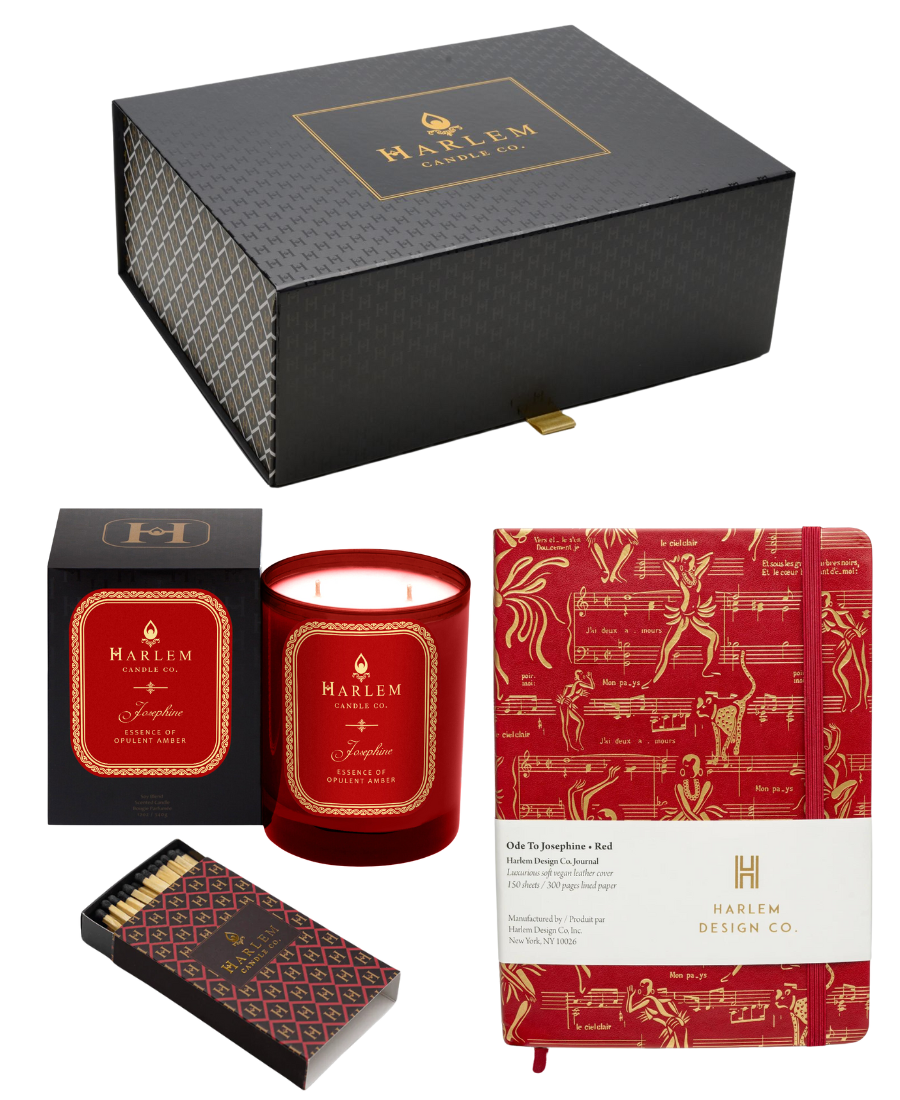 This is an image of our Josephine Secrets Gift Box which include the Red Josephine Candle + Red Josephine Journal + Black and Red Matches + Gift Box.