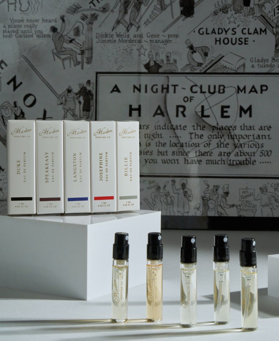 This is an image of our perfume discovery set of five fragrances to include Billie, Speakeasy, Josephine, Langston and Duke. The perfume boxes are featured on a white cube.