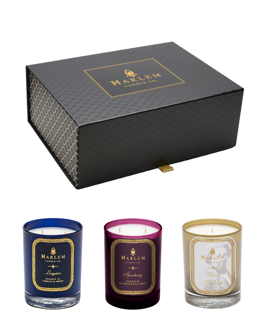 This product image of our Renaissance Man gift box featuring our Langston, Speakeasy and Frederick candles with 1 wick.