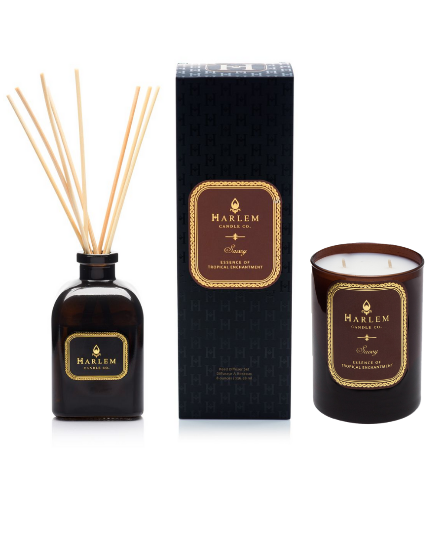 Picture of the Savoy diffuser with the savoy deco box in the middle along with the savoy candle on the right. 